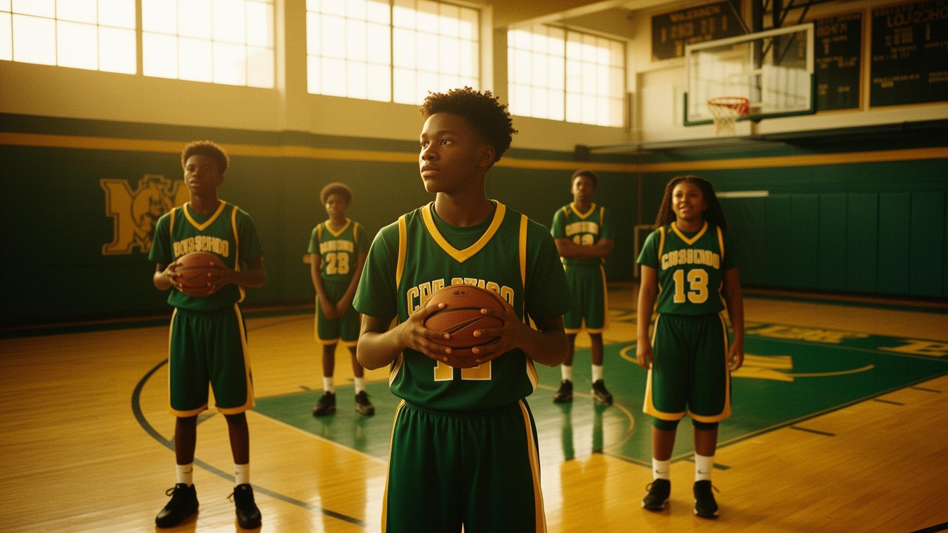 Young athletes on a basketball court at golden hour